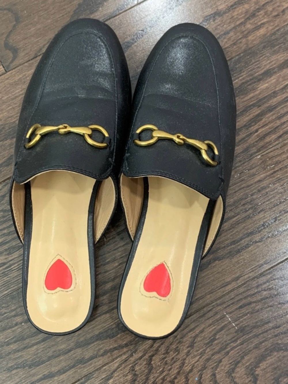 Women’s Black Leather Backless Loafers with Gold Horsebit